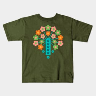 COW PARSLEY Retro Seventies 1970s Floral Botanical Pattern in Retro Aqua Blush Orange Olive Green Teal Kids T-Shirt